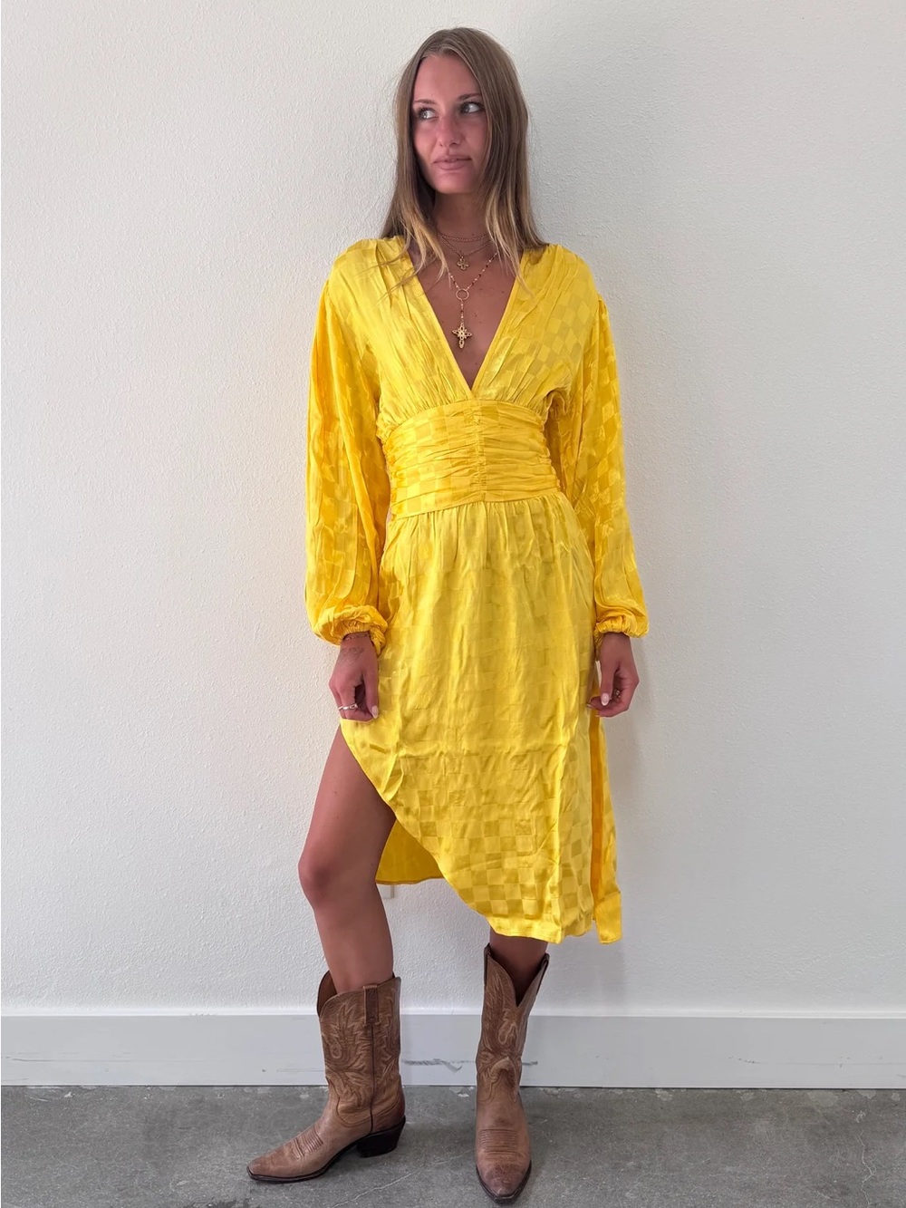 NWT Jen’s Pirate Booty Hinano satin checkered yellow gold midi dress large